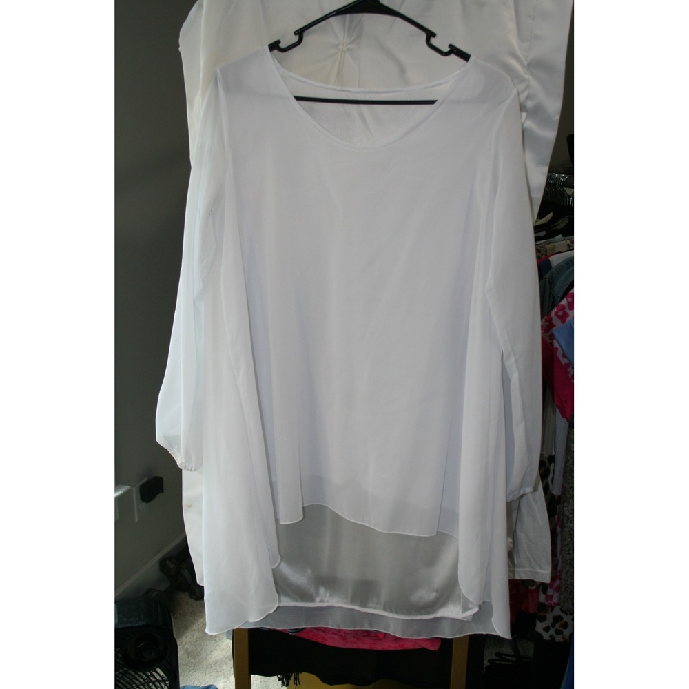 Womens White Chiffon Tunic Top Long Sleeve Scoop Neck High Low Flowy Blouse